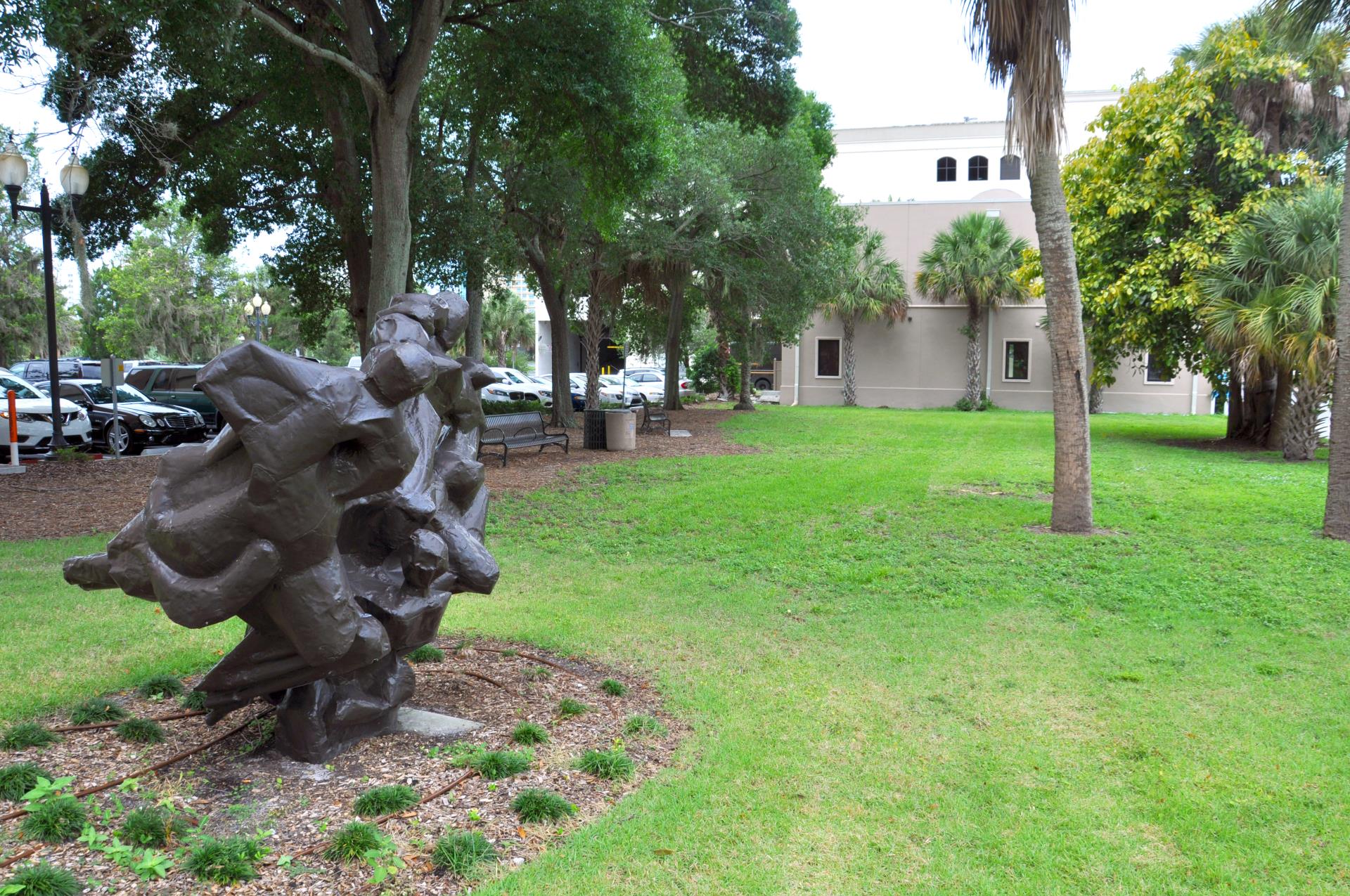 Charles Ringling Park American Allegory sculpture, hammered out of bronze copper, created in 1976 by Jack Cartlidge. It was acquired into the City Public Art Collection in 1976.