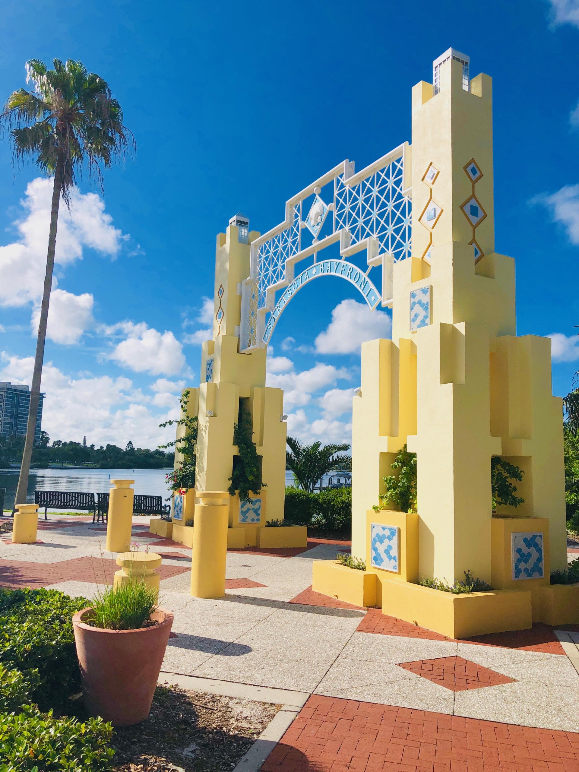 Bayfront Park arch repaired new yellow paint