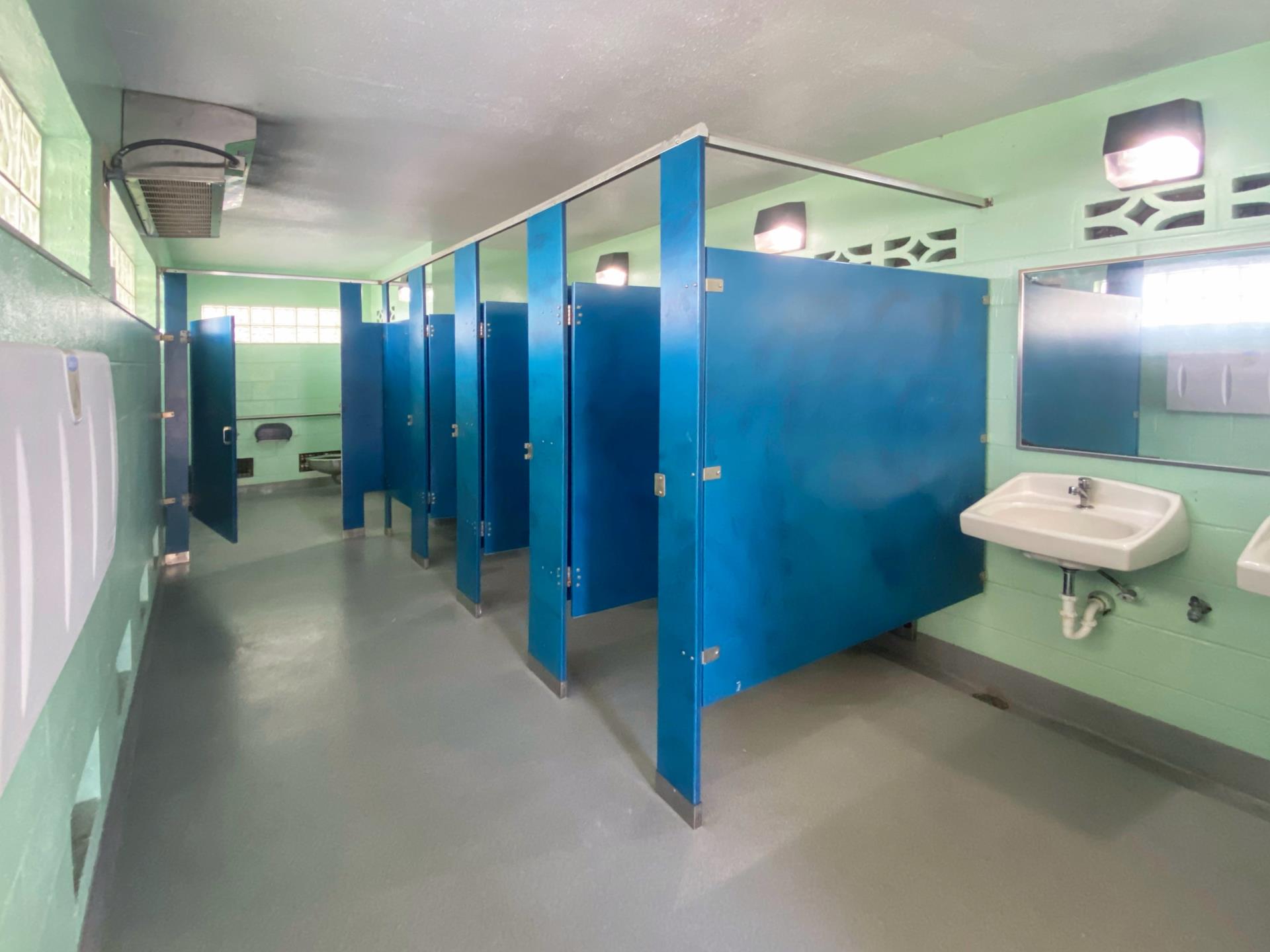 Blue partitions with bathroom stalls and sinks